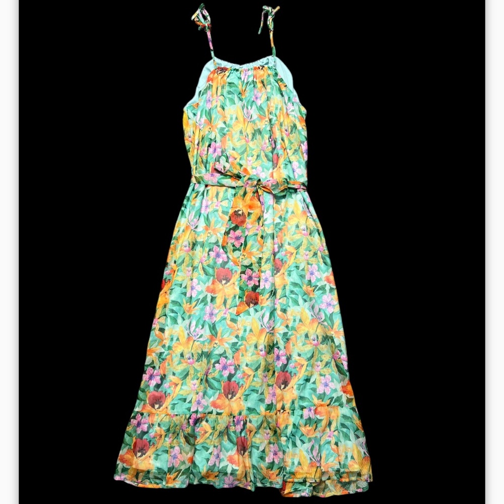 Chelae 28 Women’s Shift Dress Sz M Yellow Green Floral Spaghetti Straps Casual